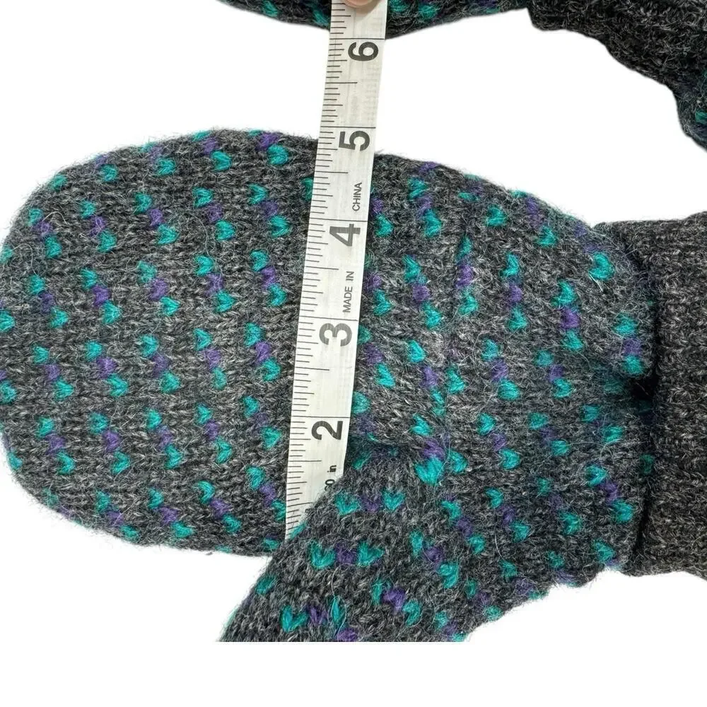 Fleece lined wool mittens, gray/ aquamarine blue combination winter mittens M/L